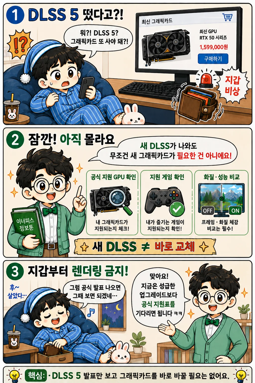 DLSS 5 지원 여부를 확인한 뒤 그래픽카드 교체를 판단하자는 3컷 만화