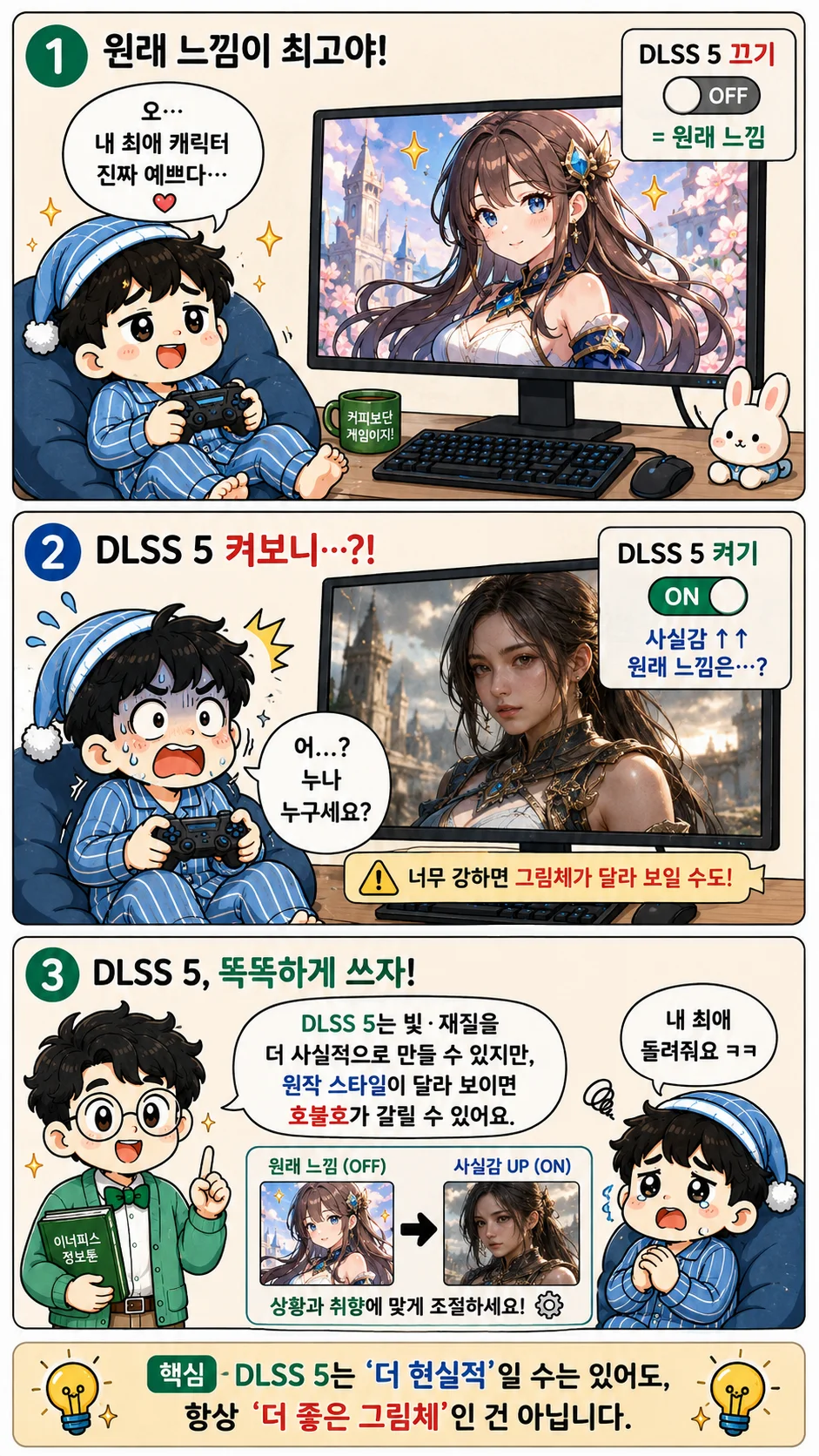 DLSS 5 적용으로 게임 캐릭터의 현실감과 원래 화풍이 달라져 보일 수 있는 점을 설명한 3컷 만화