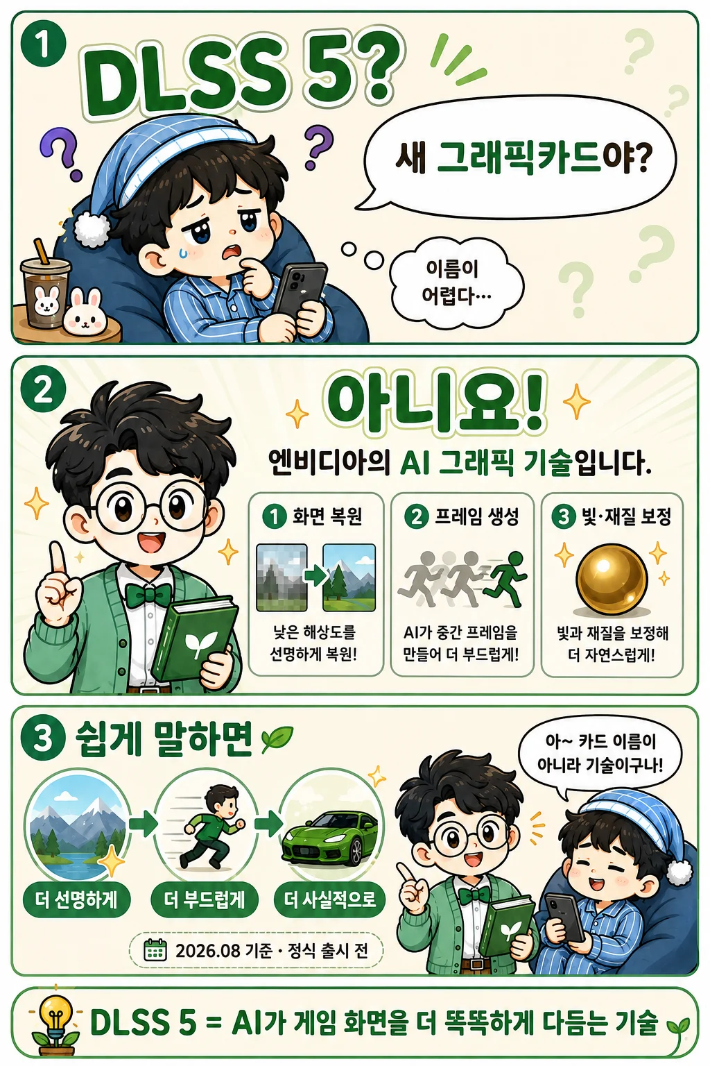 기존 DLSS의 화면 복원·프레임 생성과 DLSS 5의 빛·재질 보정 개념을 쉽게 비교한 정보툰
