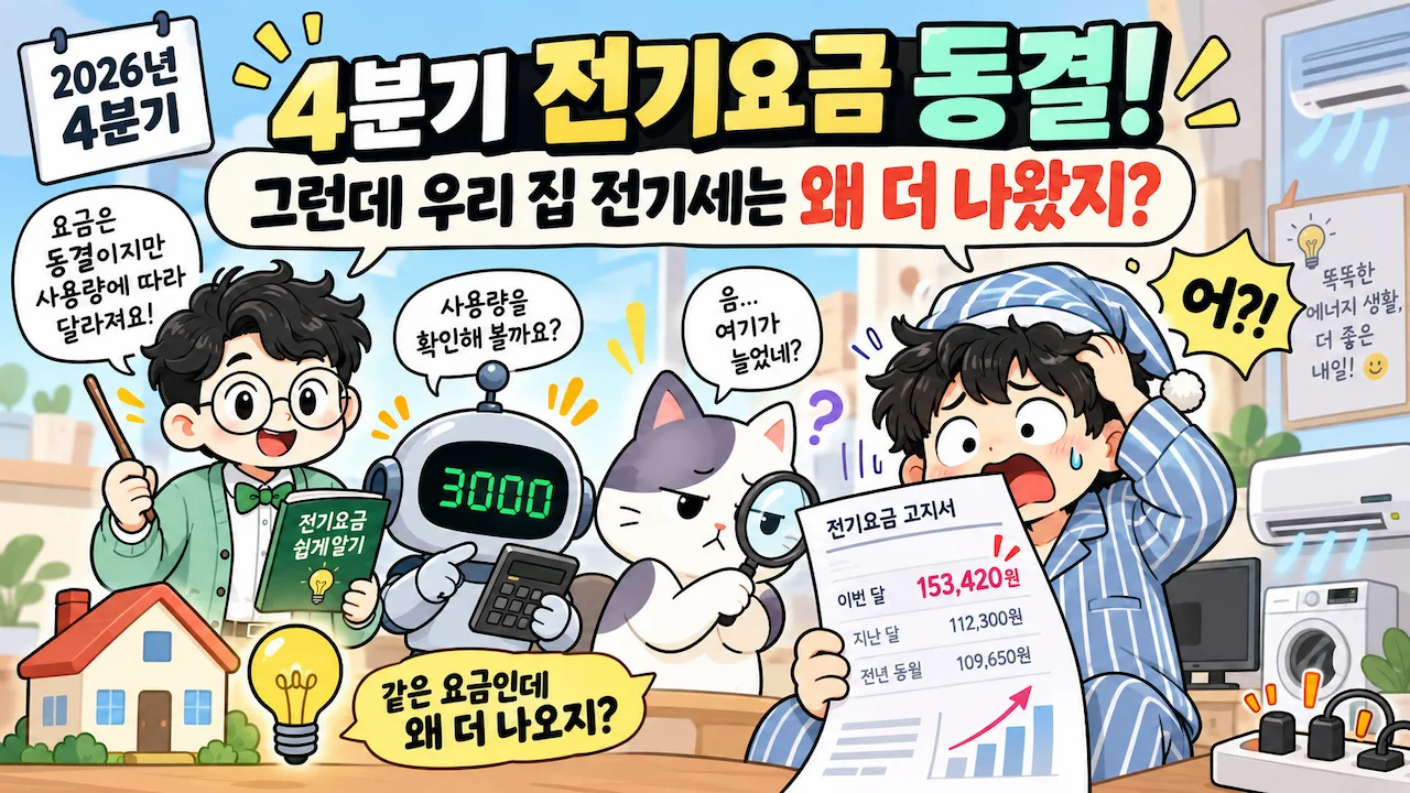 2026년 4분기 전기요금 동결 발표에도 전기세가 더 나온 고지서를 보고 놀란 귀차니두목