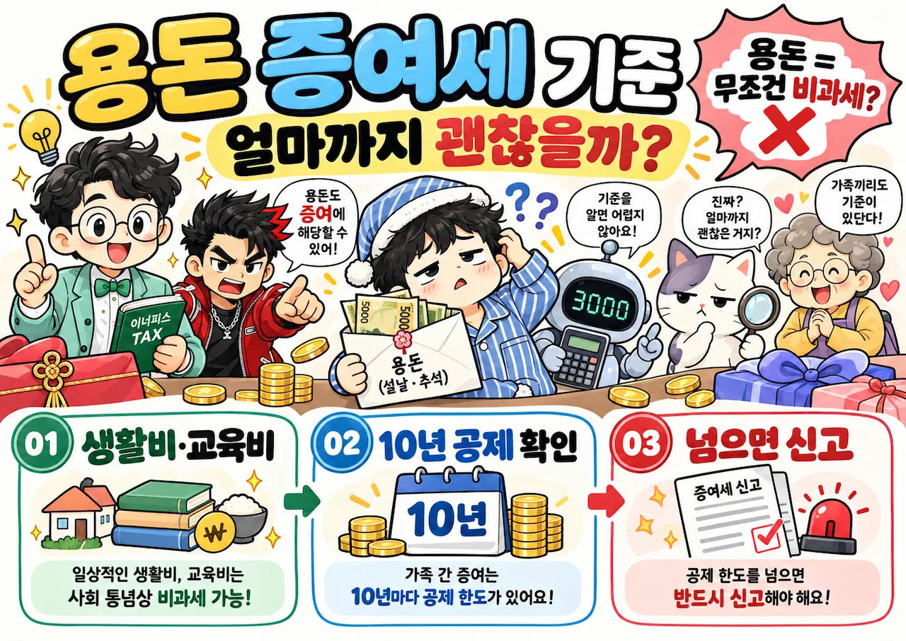 용돈 증여세 기준과 부모 자녀 손주 10년 공제 한도를 설명하는 이너피스 정보툰