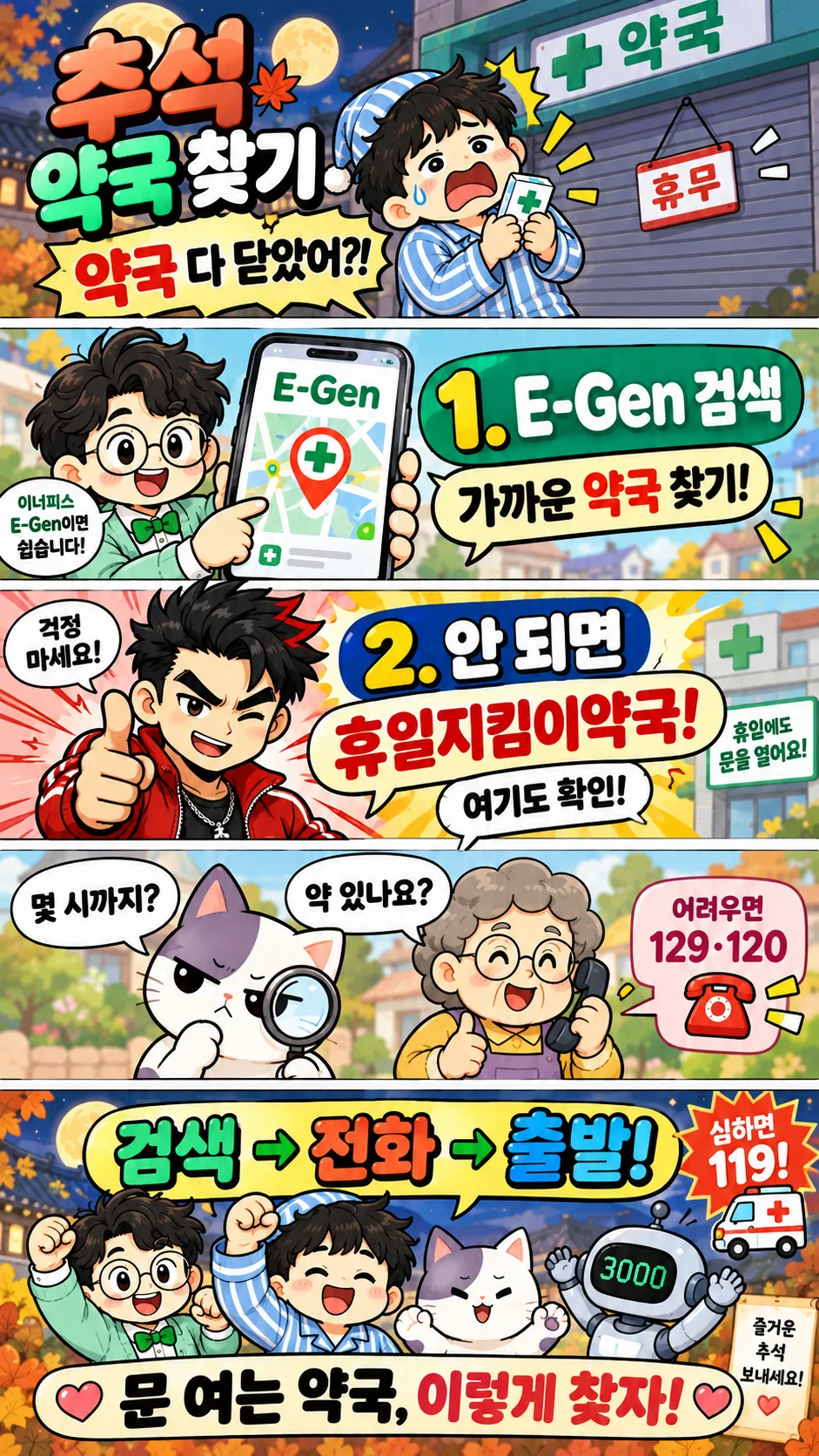 추석에 문 여는 약국을 찾는 E-Gen 검색법과 휴일지킴이약국, 129·120 전화 확인 방법을 설명하는 이너피스 정보툰