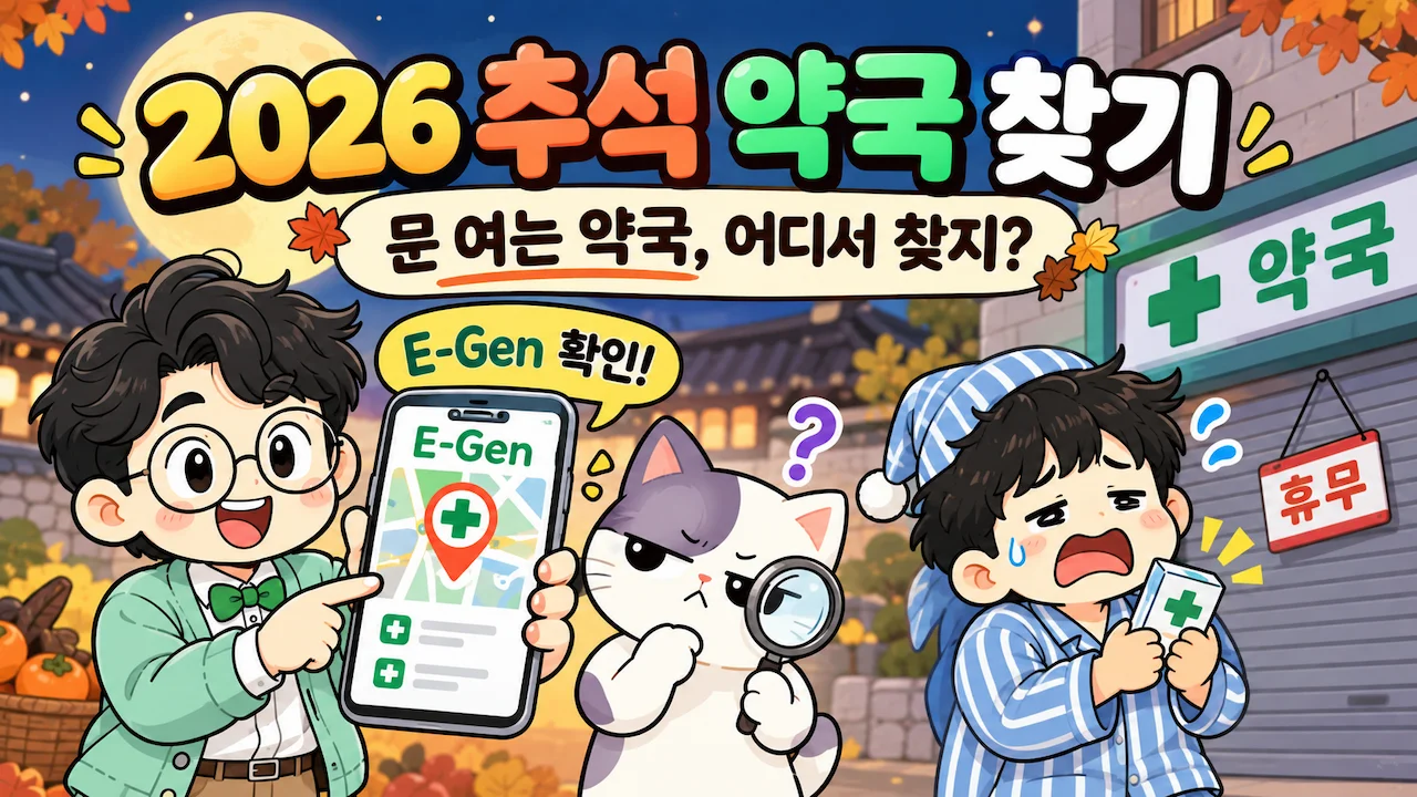 2026 추석 약국 찾기, 휴무 중인 약국 앞에서 당황한 귀차니두목에게 설명이너가 E-Gen 검색법을 알려주는 모습