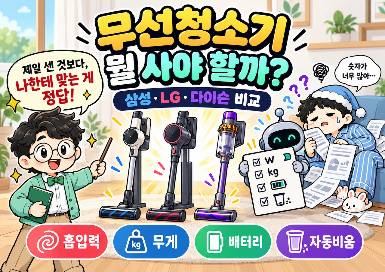 삼성 LG 다이슨 무선청소기 추천과 흡입력 무게 배터리 비교를 설명하는 이너피스 대표이미지