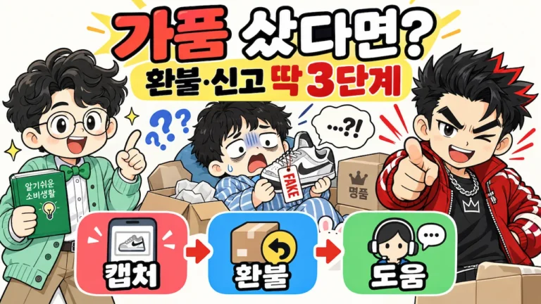 가품 환불 방법을 설명하는 이너피스 캐릭터와 캡처·환불·도움 3단계 안내