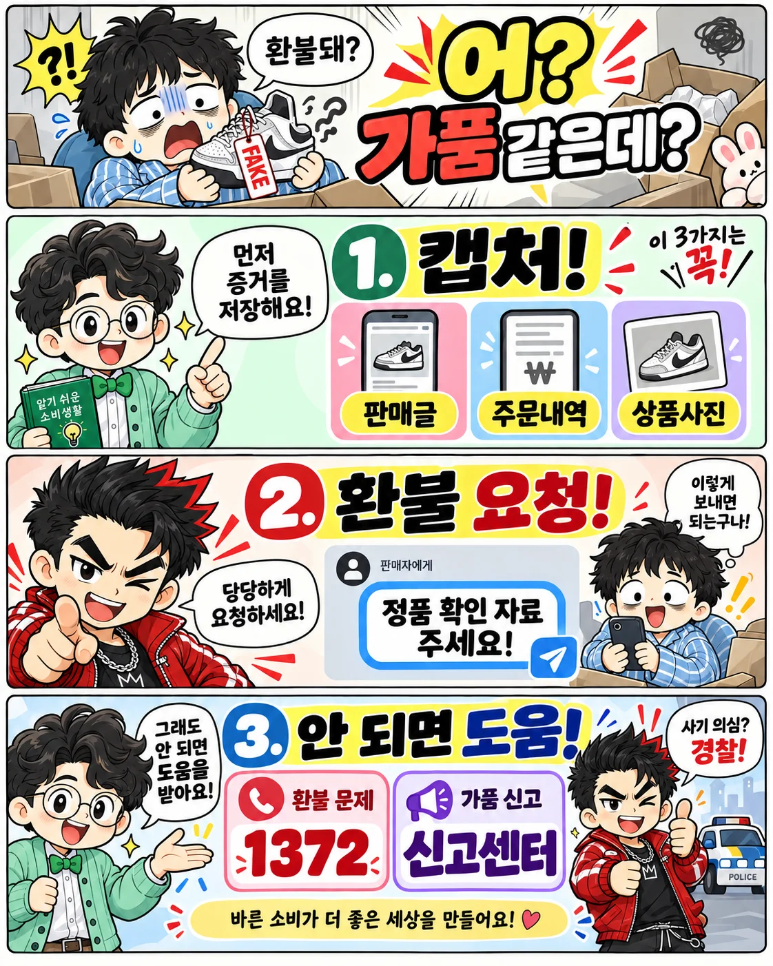 가품 운동화를 산 귀차니두목이 판매글과 주문내역을 저장하고 환불을 요청하는 3단계 정보툰