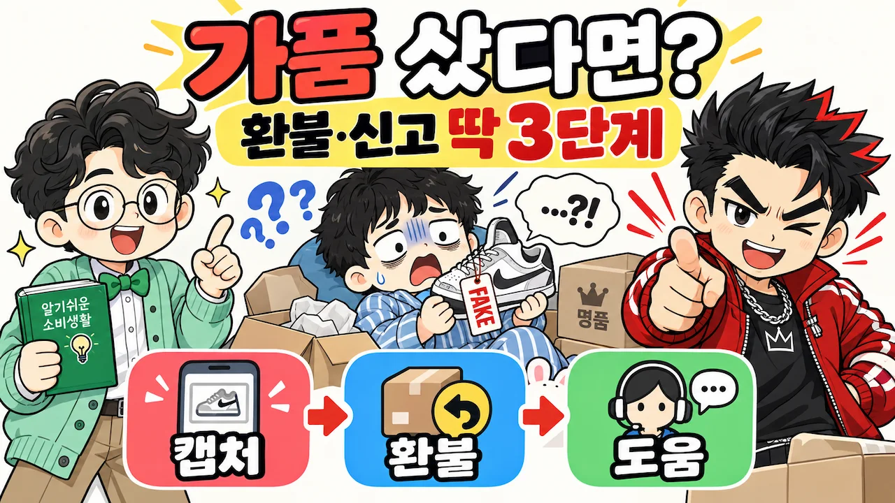 가품 환불 방법을 설명하는 이너피스 캐릭터와 캡처·환불·도움 3단계 안내