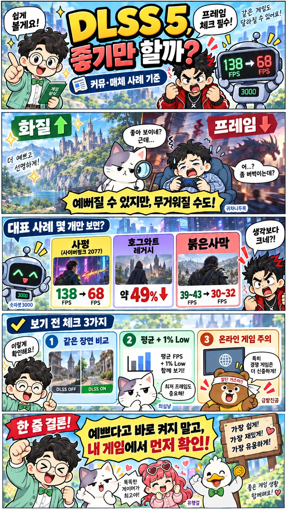 DLSS 5를 적용하면 화질이 좋아질 수 있지만 FPS가 감소할 수 있다는 점과 동일 장면 FPS 비교, 1% Low 확인, 온라인 게임 주의사항을 설명하는 이너피스 정보툰