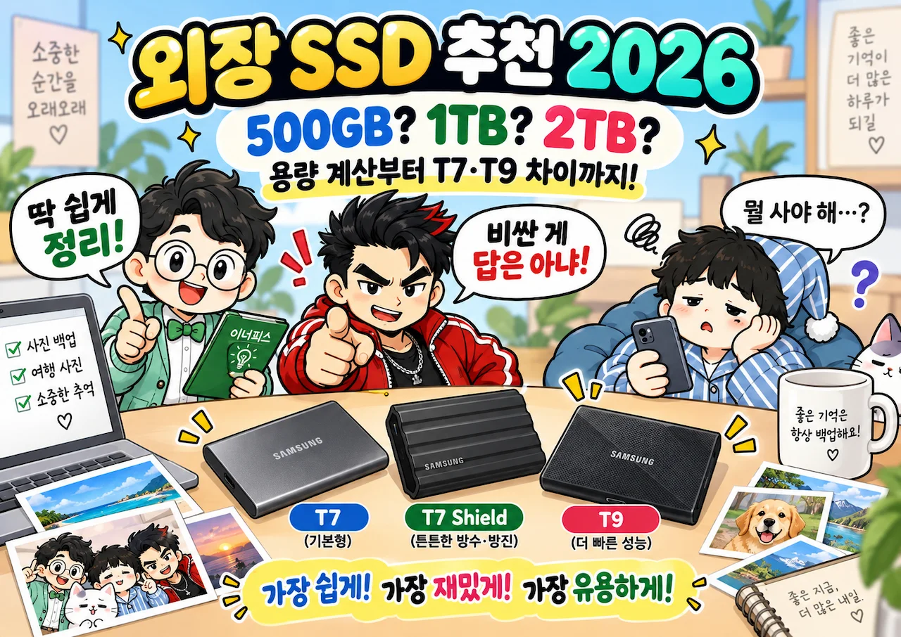 외장 SSD 추천 2026, 500GB·1TB·2TB 용량 고민과 삼성 T7·T7 Shield·T9를 비교하는 이너피스 캐릭터