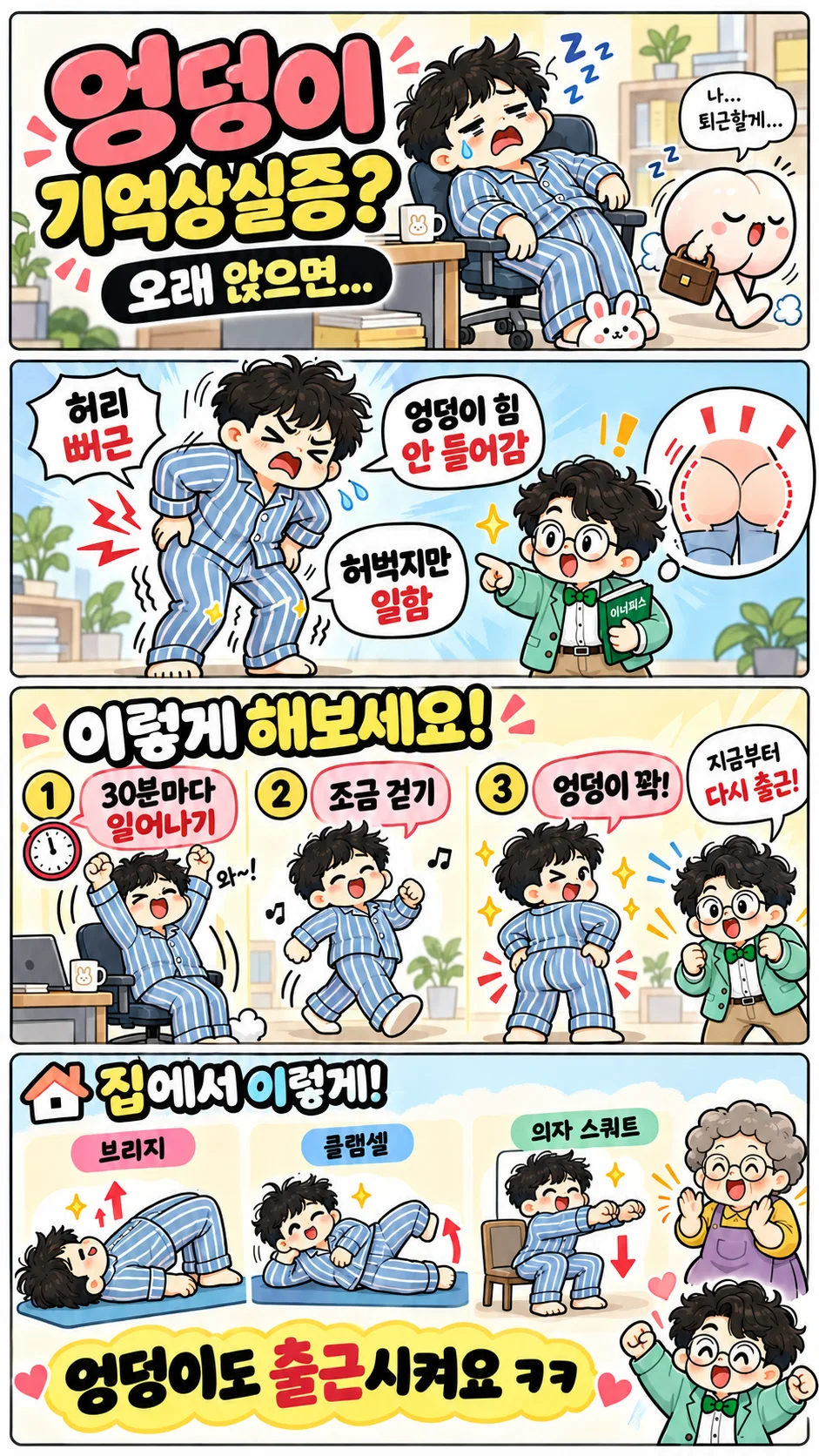 엉덩이 기억상실증 증상과 브리지 클램셸 의자 스쿼트 운동을 설명하는 정보툰