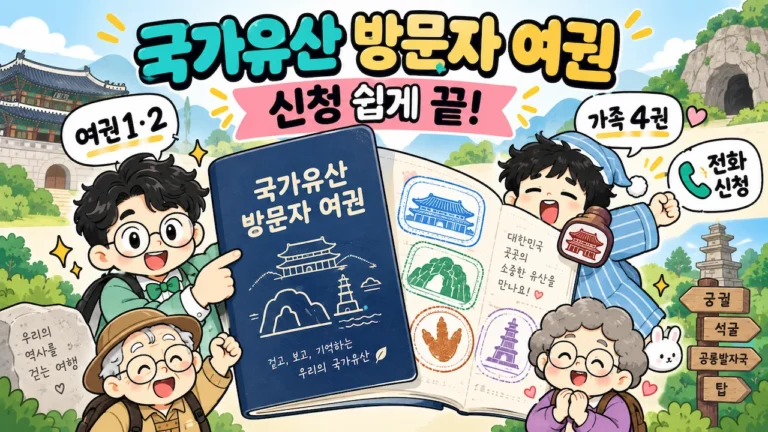 국가유산 방문자 여권 신청 안내, 여권1·2 차이와 가족 신청 및 전화 신청을 소개하는 이너피스 가족 여행 일러스트