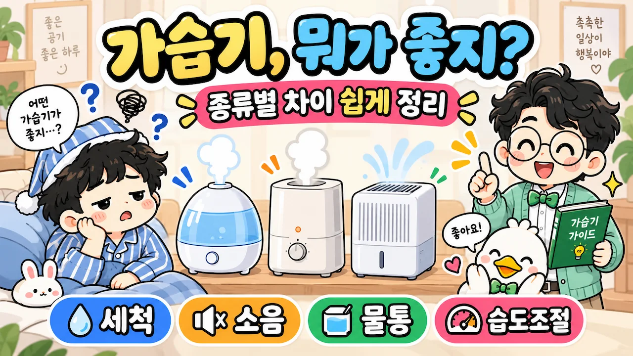 가습기 추천 가이드, 가습기 종류를 고민하는 귀차니두목과 세척·소음·물통·습도조절 선택 기준을 알려주는 설명이너