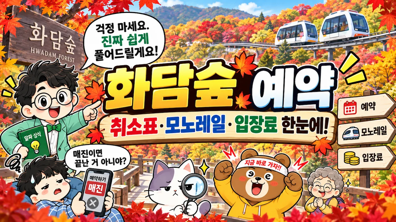 화담숲 단풍과 모노레일을 배경으로 예약·취소표·입장료를 안내하는 이너피스 대표이미지