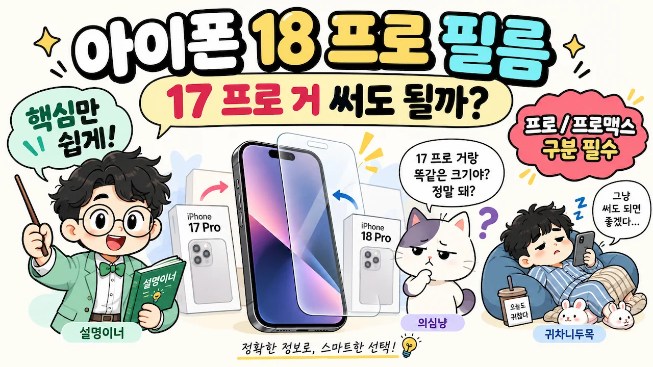 아이폰 18 프로와 17 프로 보호필름 호환 여부를 설명하는 이너피스 캐릭터 대표이미지