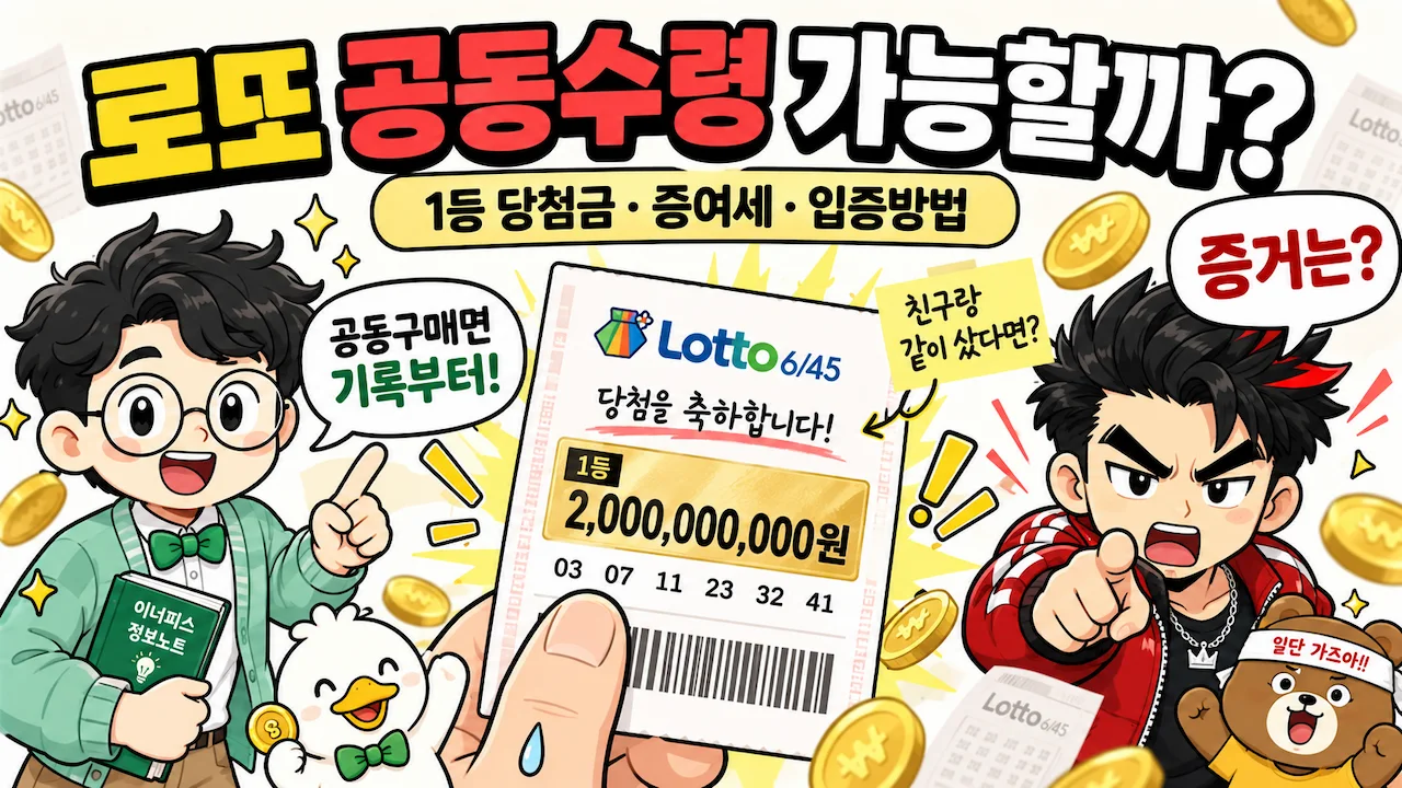 친구들과 로또 공동구매 후 1등 당첨금 공동수령과 증여세를 고민하는 모습