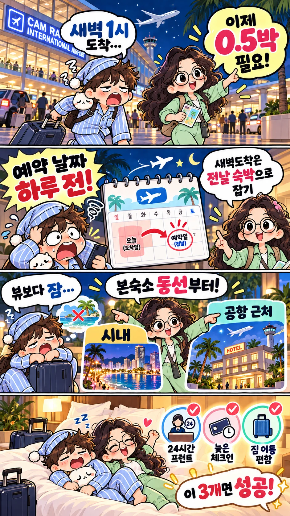 나트랑 0.5박 숙소 예약 날짜와 24시간 프런트 늦은 체크인 이동 동선을 설명한 정보툰
