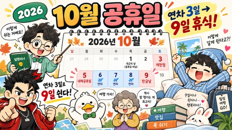 2026년 10월 달력과 개천절·한글날 공휴일, 연차 3일로 9일 쉬는 방법