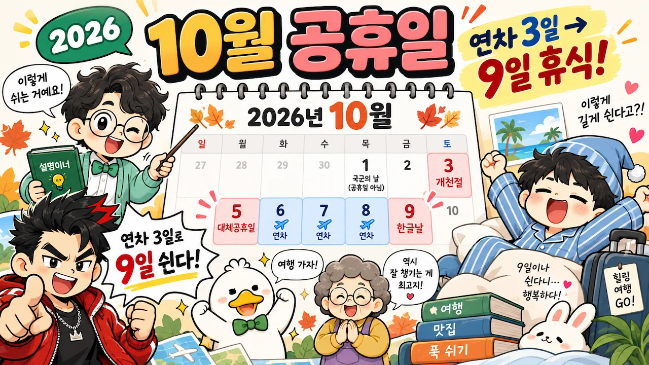 2026년 10월 달력과 개천절·한글날 공휴일, 연차 3일로 9일 쉬는 방법