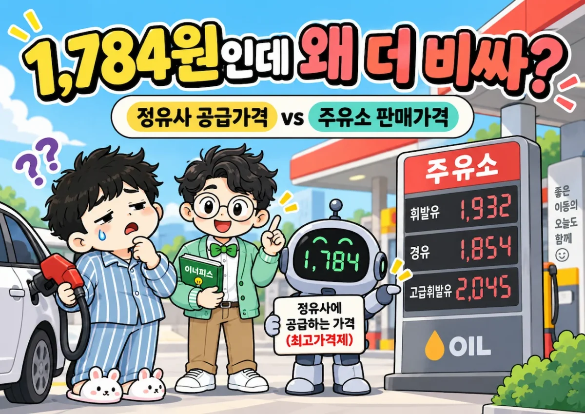 석유 최고가격제 1,784원과 주유소 판매가격의 차이를 설명하는 이너피스 캐릭터
