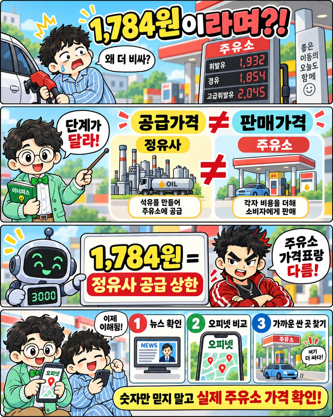 석유 최고가격제 뜻과 정유사 공급가격·주유소 판매가격 차이, 오피넷 이용 방법을 설명하는 정보툰