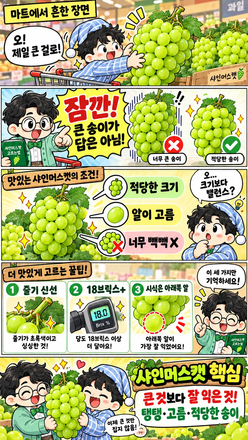 샤인머스캣 고르는법 만화 적당한 크기 알의 균일함 18브릭스 기준을 설명하는 인포그래픽