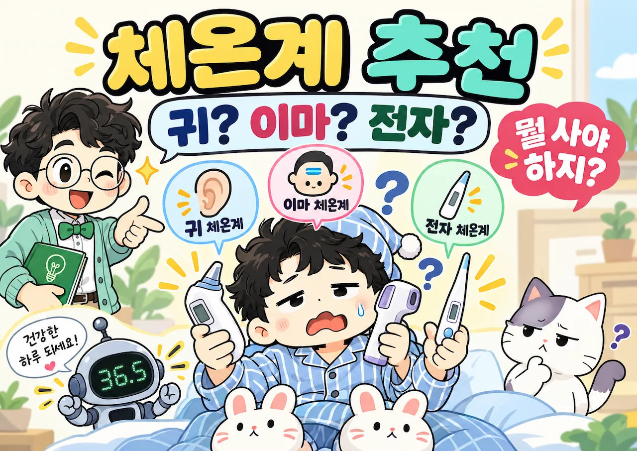 체온계 추천 가이드, 귀체온계·이마체온계·전자체온계를 들고 고민하는 귀차니두목과 설명이너