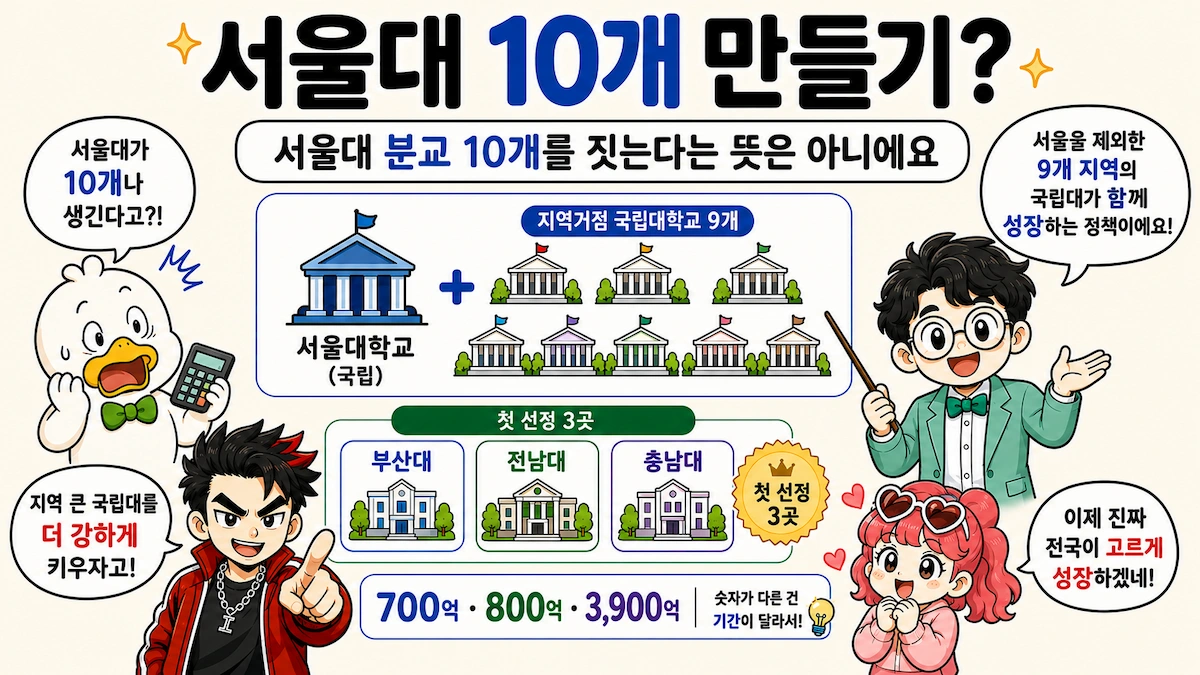 서울대 10개 만들기 정책과 부산대·전남대·충남대 첫 선정 대학을 쉽게 설명한 이미지